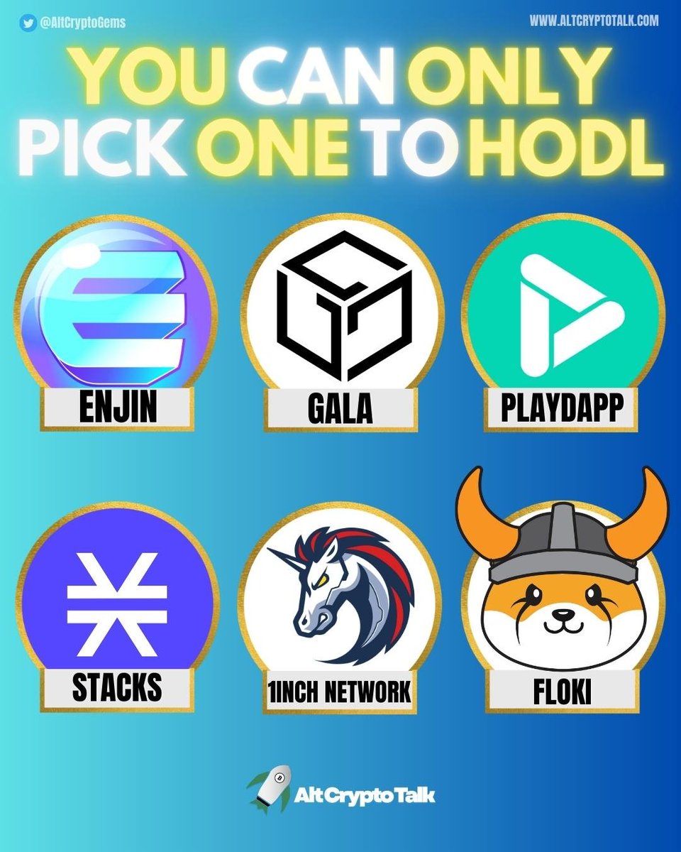If you could only pick ONE to HODL, which would it be?

#Enjin $ENJ
#GALA $GALA
#PlayDapp $PLA
#Stacks $STX
#1inchNetwork #1INCH
#Floki $FLOKI