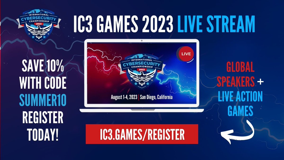 IC3Games2023 (@ic3games2023) on Twitter photo Can't make it to San Diego next week for #IC3games2023? Don't worry! Sign up for the ALL ACCESS LIVE STREAM on <a href="/Twitch/">Twitch</a>. Register now at hubs.li/Q01YpC4P0 & enjoy 10% offโenter promo code SUMMER10 at checkout. #cybersecurity #cyber #esports <a href="/KatzcyPlayCyber/">Katzcy PlayCyber</a> <a href="/USCyberGames/">USCyberGames</a> Can't make it to San Diego next week for #IC3games2023? Don't worry! Sign up for the ALL ACCESS LIVE STREAM on <a href="/Twitch/">Twitch</a>. Register now at hubs.li/Q01YpC4P0 & enjoy 10% offโenter promo code SUMMER10 at checkout. #cybersecurity #cyber #esports <a href="/KatzcyPlayCyber/">Katzcy PlayCyber</a> <a href="/USCyberGames/">USCyberGames</a>
