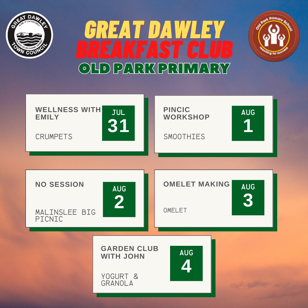 Great Dawley Town Council (@greatdawley) on Twitter photo Here's what we've got planned for this week at <a href="/OldParkPrimary/">Old Park Primary</a> :
💚Wellness
🧺Picnic Workshop
🧑🍳Omelet Making
🌹Gardening Club
#BreakfastClub #GreatDawleySummer Here's what we've got planned for this week at <a href="/OldParkPrimary/">Old Park Primary</a> :
💚Wellness
🧺Picnic Workshop
🧑🍳Omelet Making
🌹Gardening Club
#BreakfastClub #GreatDawleySummer