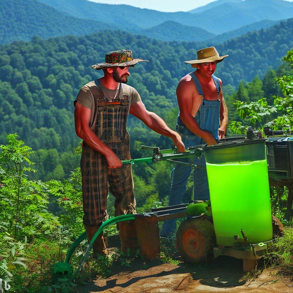DowntownHWV's tweet photo. Workers in West Virginia collect Dew from the Mountains.

AI art by Andrew Ramsey. https://t.co/qyDO9INr2W