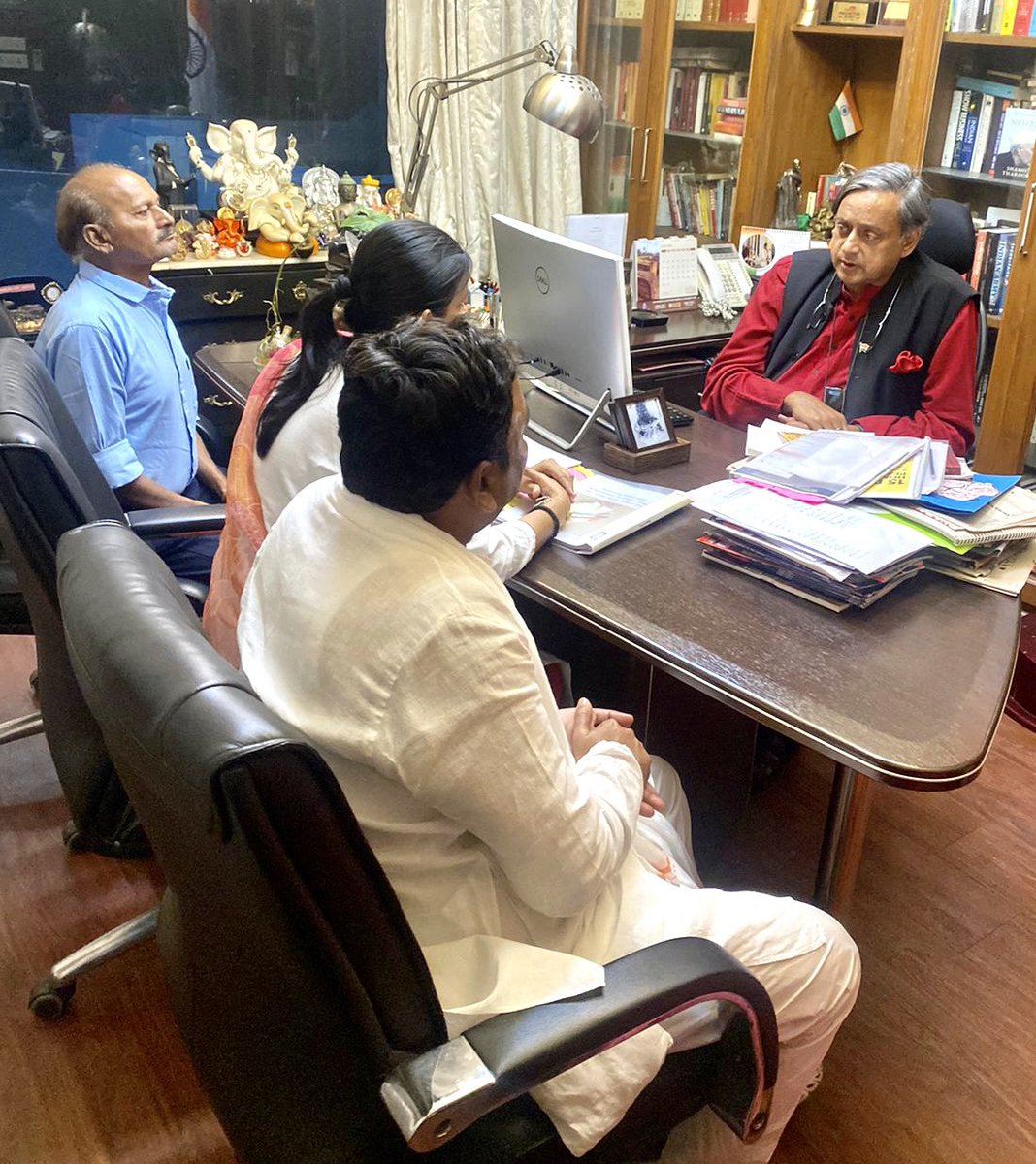 ShashiTharoor's tweet photo. Emotional meeting with the family of Baby Ariha (her mother Dhara & grandfather) along w/ lawyer Suranya Aiyar & Jain community rep Avnish Jain. In a grave case where a bureaucratic system, with the best of intentions,  can overlook humane considerations, the family’s appeal to take their baby back from the clutches of Germany’s foster care system is heart-rending. Since Germany will not allow the child to be returned to her parents, they request she be sent to foster care in India under supervision of the Indian child welfare authorities. Read the mother’s open appeal to @narendramodi here: https://t.co/MCqPtdvlcd