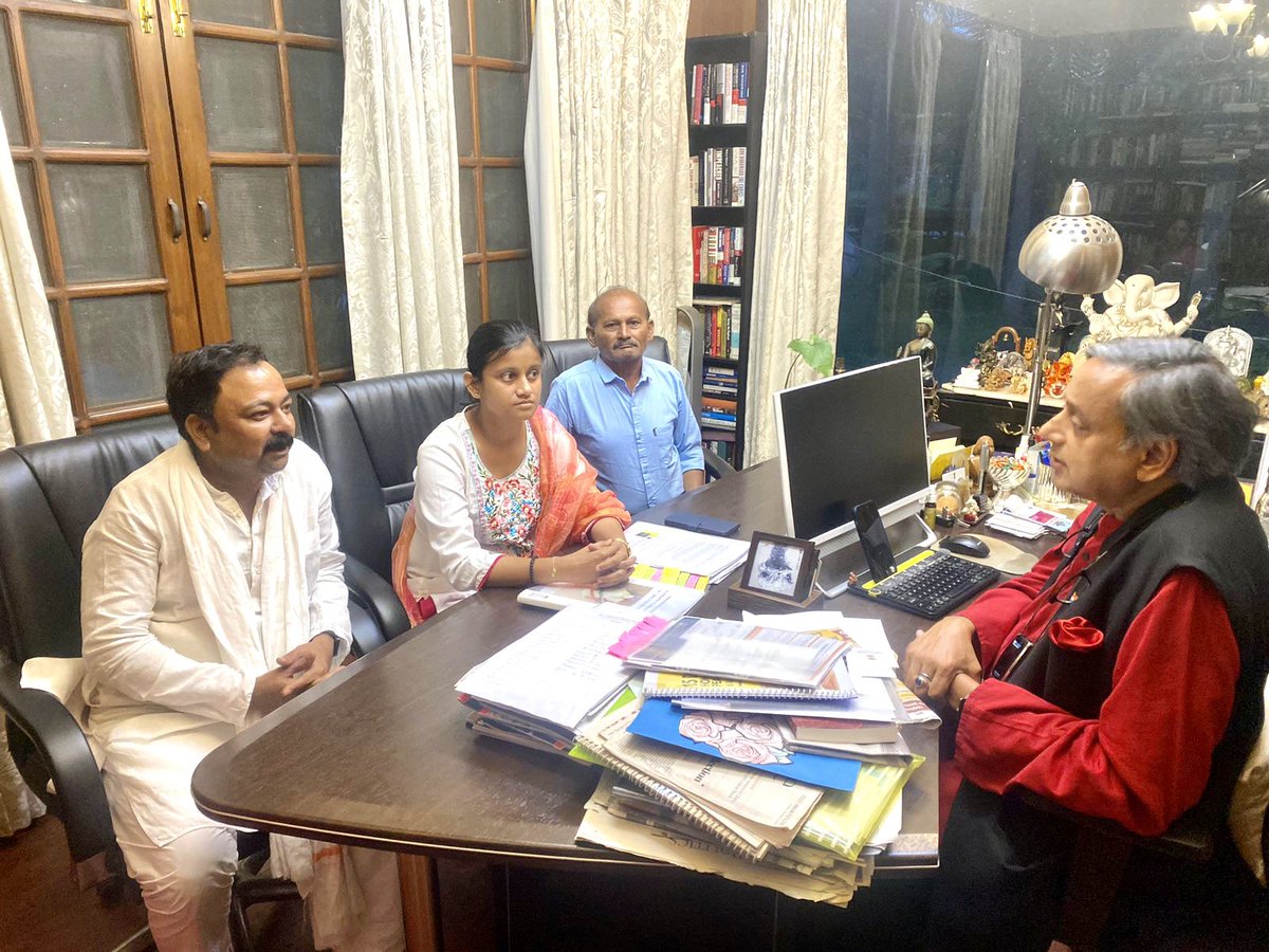 ShashiTharoor's tweet photo. Emotional meeting with the family of Baby Ariha (her mother Dhara & grandfather) along w/ lawyer Suranya Aiyar & Jain community rep Avnish Jain. In a grave case where a bureaucratic system, with the best of intentions,  can overlook humane considerations, the family’s appeal to take their baby back from the clutches of Germany’s foster care system is heart-rending. Since Germany will not allow the child to be returned to her parents, they request she be sent to foster care in India under supervision of the Indian child welfare authorities. Read the mother’s open appeal to @narendramodi here: https://t.co/MCqPtdvlcd