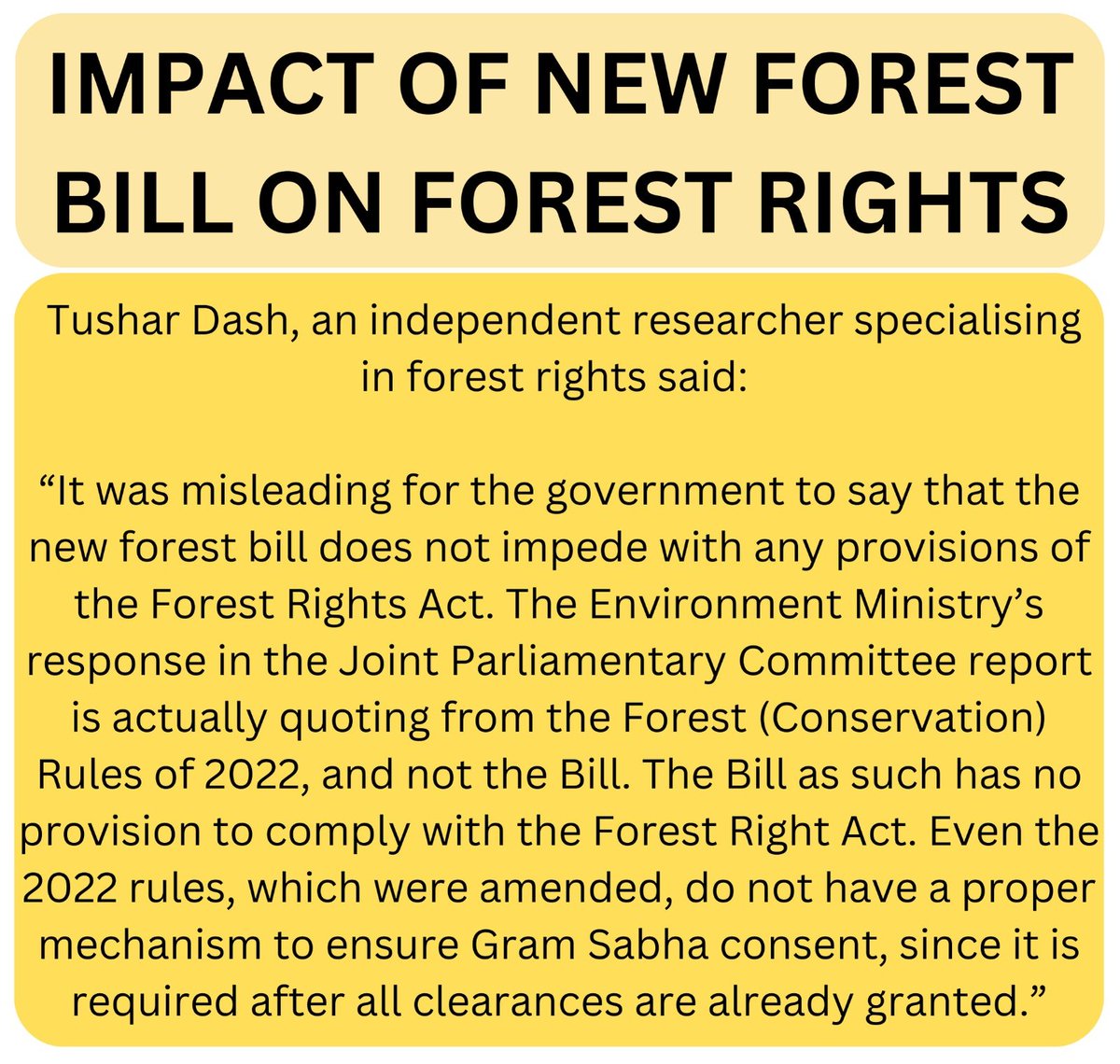 It is misleading for govt to say that there is no contradiction of new Forest Amendment Bill with Forest Right Act. The new bill has no provision to comply with FRA
<a href="/manojkjhadu/">Manoj Kumar Jha</a> <a href="/NetamPhulodevi/">Phulodevi Netam</a> <a href="/PChidambaram_IN/">P. Chidambaram</a> <a href="/priyankac19/">Priyanka Chaturvedi🇮🇳</a> <a href="/MPVandanaChavan/">Vandana Chavan</a>
#SaveIndianForests #WithdrawFCAbill2023