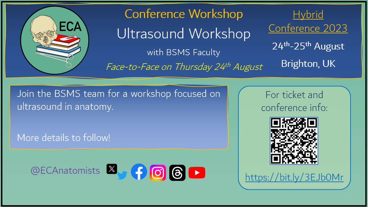 ECAnatomists's tweet photo. Our final workshop for #ECA23 will focus on ultrasound within anatomy, facilitated by @BSMSanatomy 🧠

This is a face-to-face workshop, so you will need an in-person ticket.
Grab it by 31st July here: https://t.co/dBmjeSbbiG https://t.co/6SGNO9z6iF