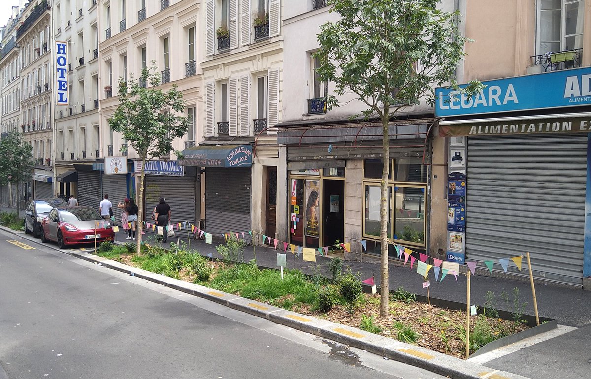 All over Paris car parking spaces are being upgraded to plots for trees and micro gardens - cooling the city, cleaning the air &amp; making the streets more pleasant for people - thanks to the vision &amp; tenacity of city's mayor...