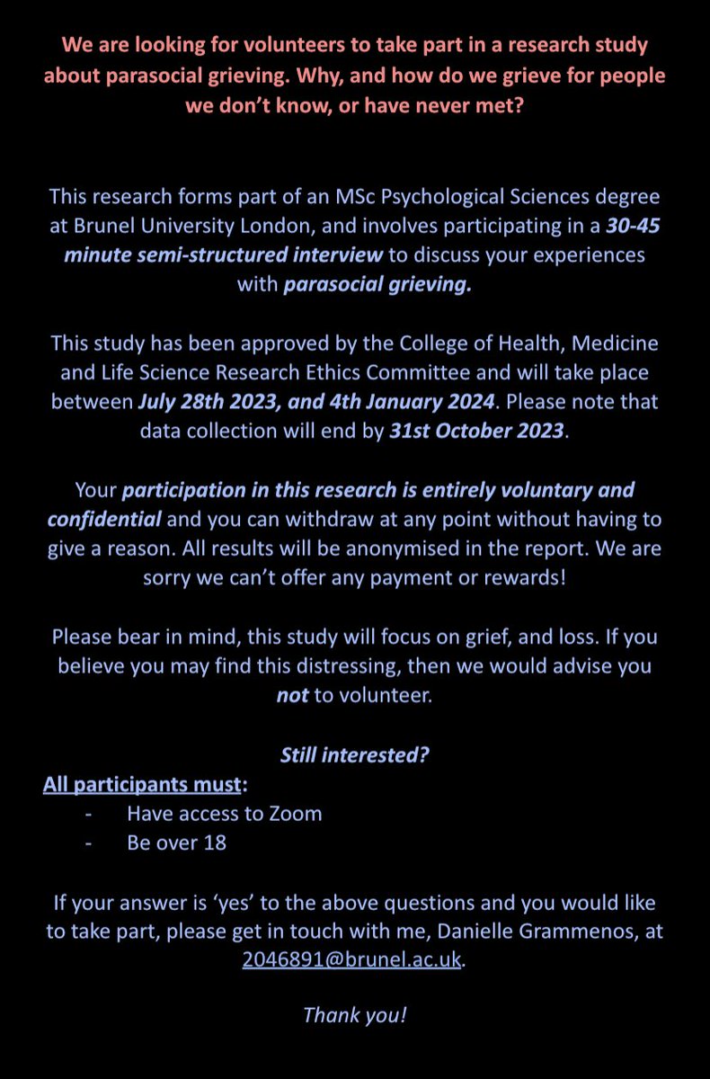 deegrammenos's tweet photo. Hello! I’m looking for 10-12 research participants for my Masters thesis (Psychology). If you fancy getting involved, please contact me. For ethical reasons, I am only allowed to interview people I don’t know. Click below for more info… #research #psychology #thesis #grief https://t.co/uEKwVlHcAW