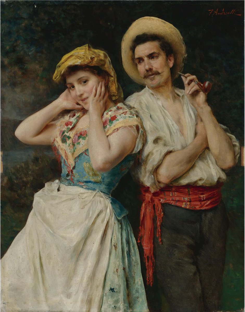 ' Flirtation ' , 1862 - 1930
By Artist Federico Andreotti  (1847–1930)
#artist #painting #the19thcenturyart #art #ArtliveAndBeauty #paintingoftheday 🎨🚬