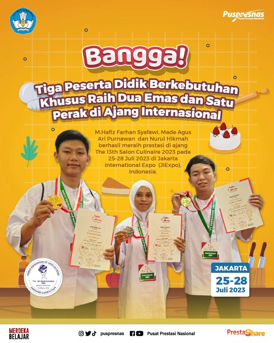 puspresnas's tweet photo. Sobat Prestasi, kabar membanggakan kembali datang dari Sobat kita! Tiga Peserta Didik Berkebutuhan Khusus berhasil menorehkan prestasi di Ajang The 13th Indonesia Salon Culinaire 2023 pada 25-28 Juli 2023 di Jakarta International Expo (JIExpo), Indonesia. 👨‍🍳 🇮🇩 https://t.co/6TAerVs93L