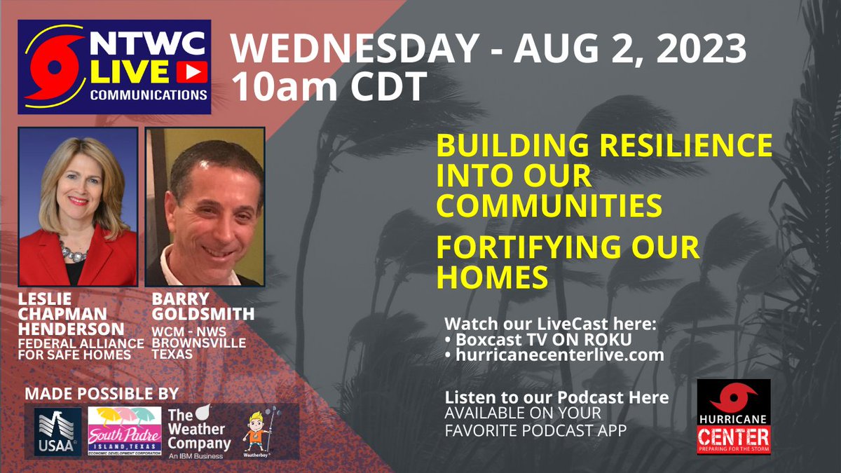 How do we build to survive extreme weather? We are finding answers with Leslie Chapman Henderson and Barry Goldsmith. Join us! <a href="/USAA/">USAA</a> @VisitSouthPadre <a href="/weathercompany/">Forecaster</a> <a href="/theWeatherboy/">the Weatherboy</a>
<a href="/IBHS_org/">Insurance Institute for Business & Home Safety</a> <a href="/nwas/">National Weather Association</a> Subscribe here: bit.ly/NTWCLive
Watch here: bit.ly/HurricaneCente…