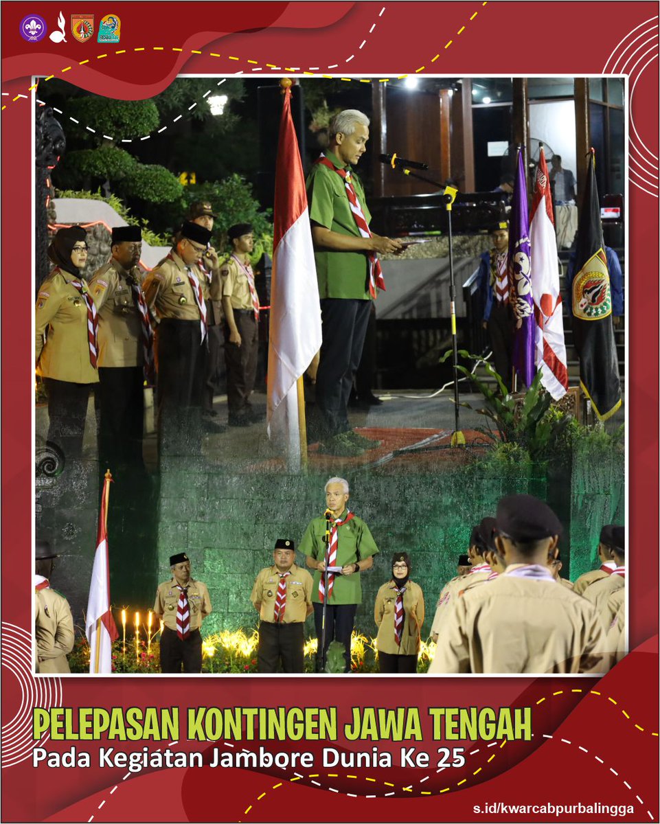 1103purbalingga's tweet photo. 4 anggota Pramuka Kwarcab Purbalingga menjadi bagian dari kontingen Jawa Tengah yang dilepas oleh Gubernur Jawa Tengah, Kak @ganjar_pranowo untuk mengikuti kegiatan World Scout of Jamboree ke 25 yang akan dilaksanakan pada tanggal 1-12 Agustus 2023 di Sae ManGum Korea Selatan https://t.co/x9jgJlsNh8