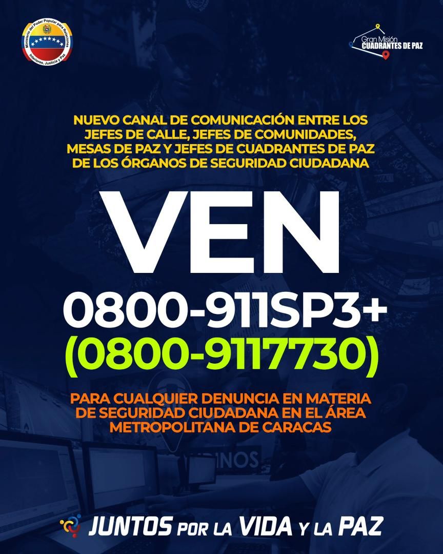 MijpVzla's tweet image. #ATENCIÓN || Activado el 📞0800-9117730 como canal de comunicación entre Jefes de Calle, Mesas de Paz y Jefes de Cuadrantes de Paz, para la atención de cualquier denuncia sobre seguridad ciudadana en el Área Metropolitana de Caracas.

#VenezuelaTierraProductiva