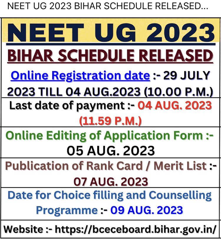 #NEETUG2023 #Bhar State Counselling Schedule For MBBS BDS! #NEETUGCounselling