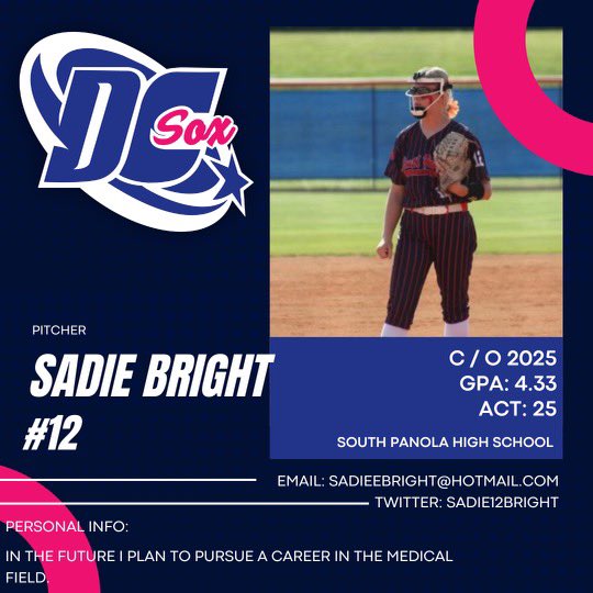 DC Sox (@dcsox07) on Twitter photo #12 Sadie Bright
<a href="/sadie12bright/">Sadie Bright</a>
Sadie has been with the Sox since 10u.
She is extremely confident on the mound, with a wide variety of pitches and speed…all while doing it with the best poker face in softball. #12 Sadie Bright
<a href="/sadie12bright/">Sadie Bright</a>
Sadie has been with the Sox since 10u.
She is extremely confident on the mound, with a wide variety of pitches and speed…all while doing it with the best poker face in softball.
