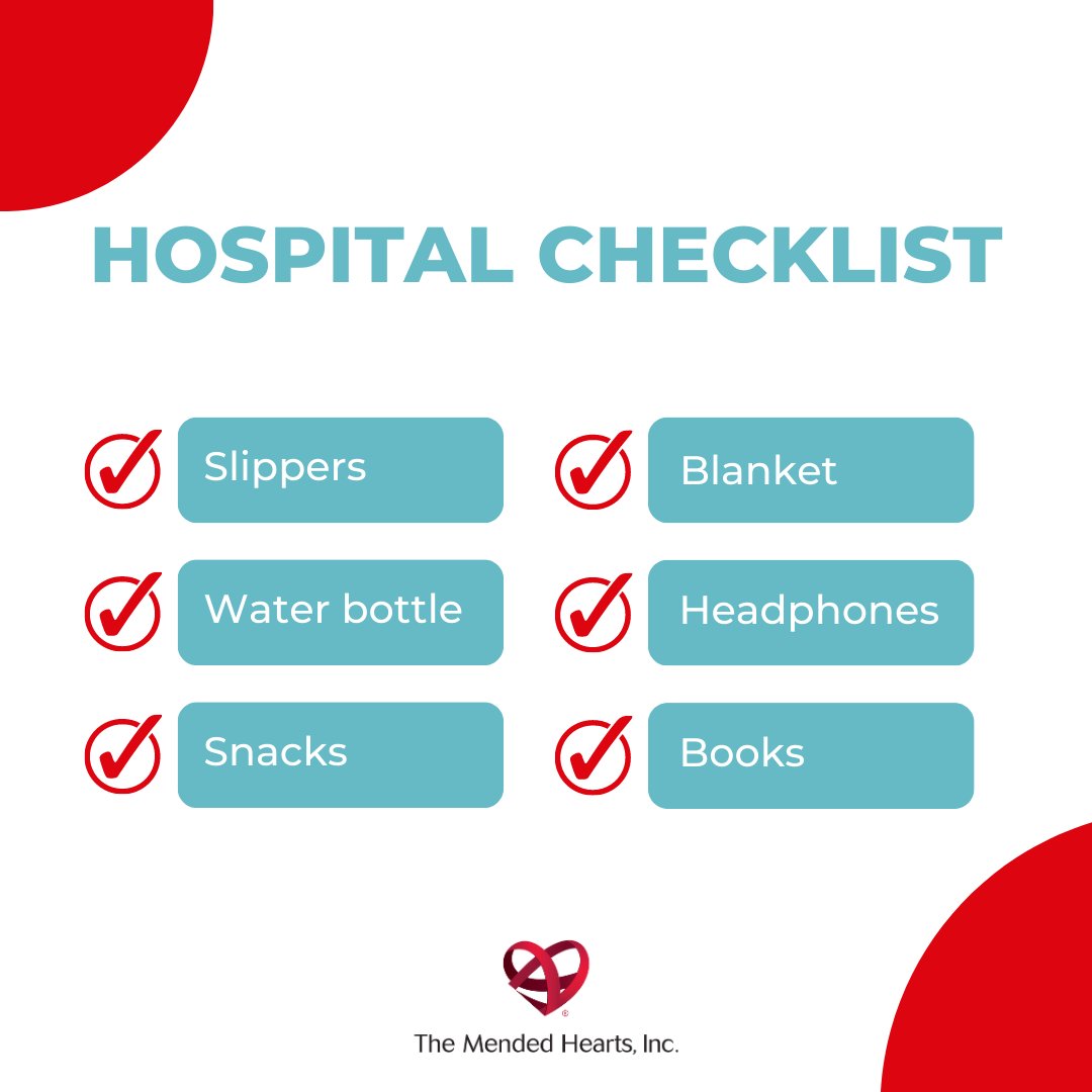 MendedHearts's tweet photo. Staying in the hospital after a #CardiacEvent can feel overwhelming and lonely. We've put together a list of items that you can bring with you to make your stay more comfortable! Do you have any items that have helped you? Comment them down below! https://t.co/NJqYNBg4Y9