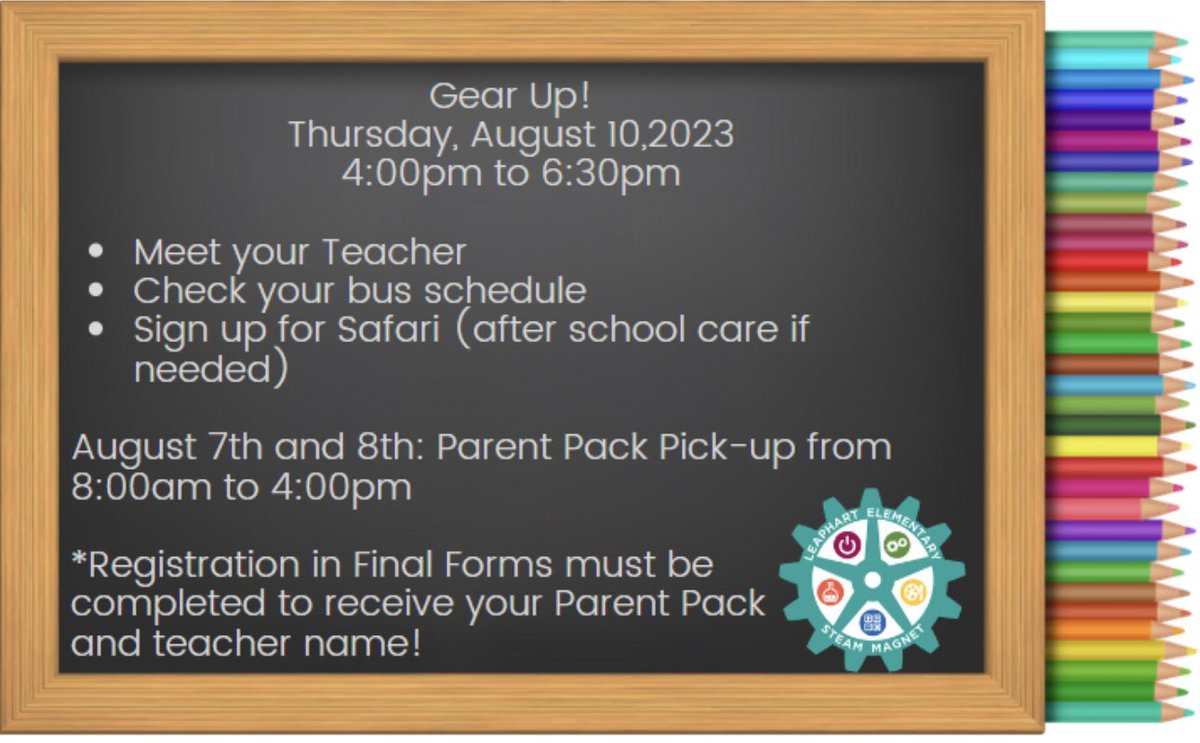 LeaphartElem's tweet photo. 📢Mark your calendars! 📢
Parent Pack Pick-Up Aug 7th and 8th!
Gear Up on Aug. 10th! https://t.co/p6Qzpo5Odv