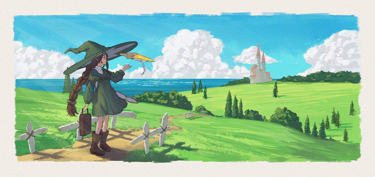 1girl witch hat hat long hair outdoors solo cloud  illustration images