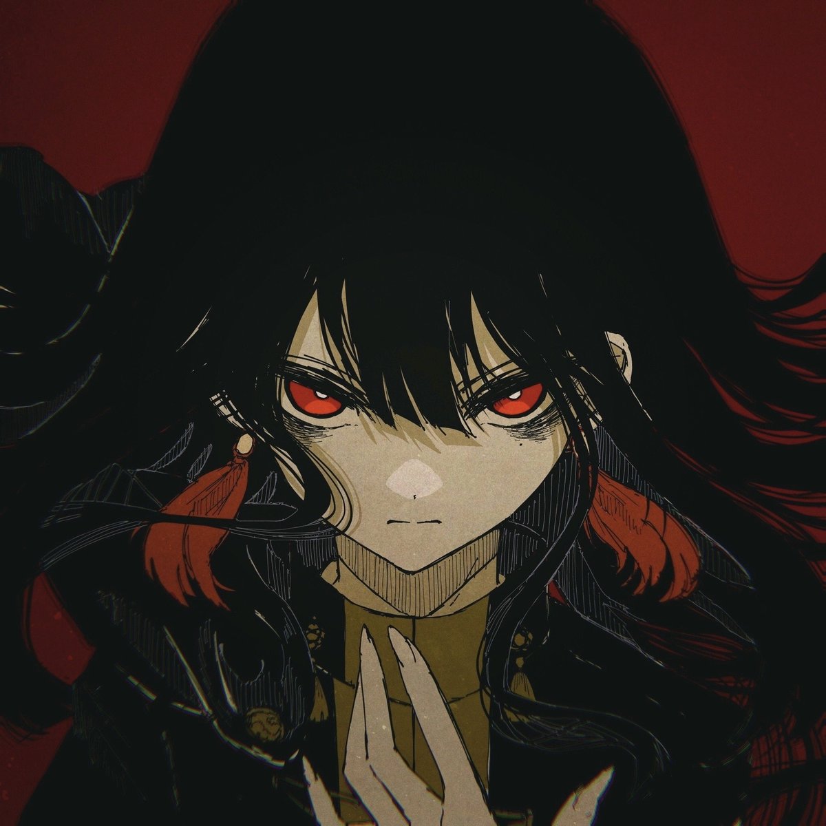 solo red eyes red background black hair male focus long hair 1boy  illustration images