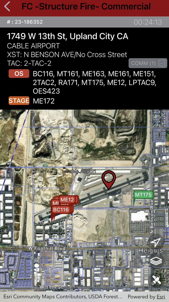 SBCOUNTYFIRE's tweet image. UPLAND: #SBCoFD on scene COMM STRUCTURE FIRE at Cable Airport. Light aircraft into hangar. BC118 is Cable IC. ^eas