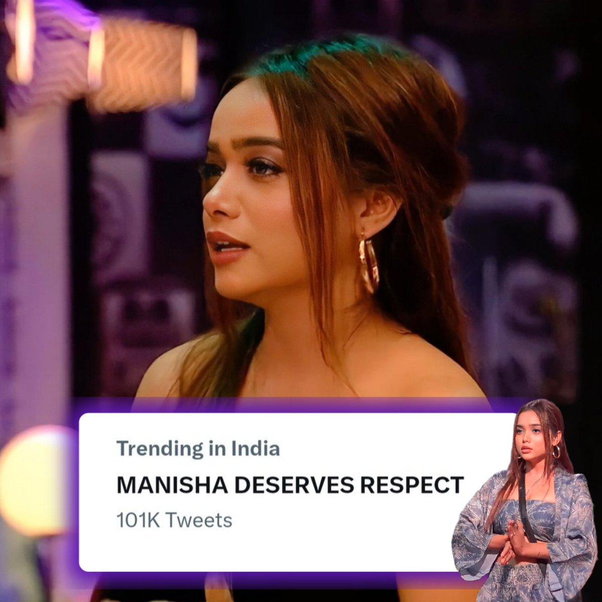 Rohithitmanstar's tweet photo. TREND BOOSTER  200 Comments with Tagline: 

MANISHA DESERVES RESPECT 

 Please use some words or A line along with this tagline  200 Retweets &amp; 200 likes in 20mins? Possible?

#ManishaRani #ManishaSquad #BiggBossOTT2 #BBOTT2 https://t.co/UqrJbZ6n7p