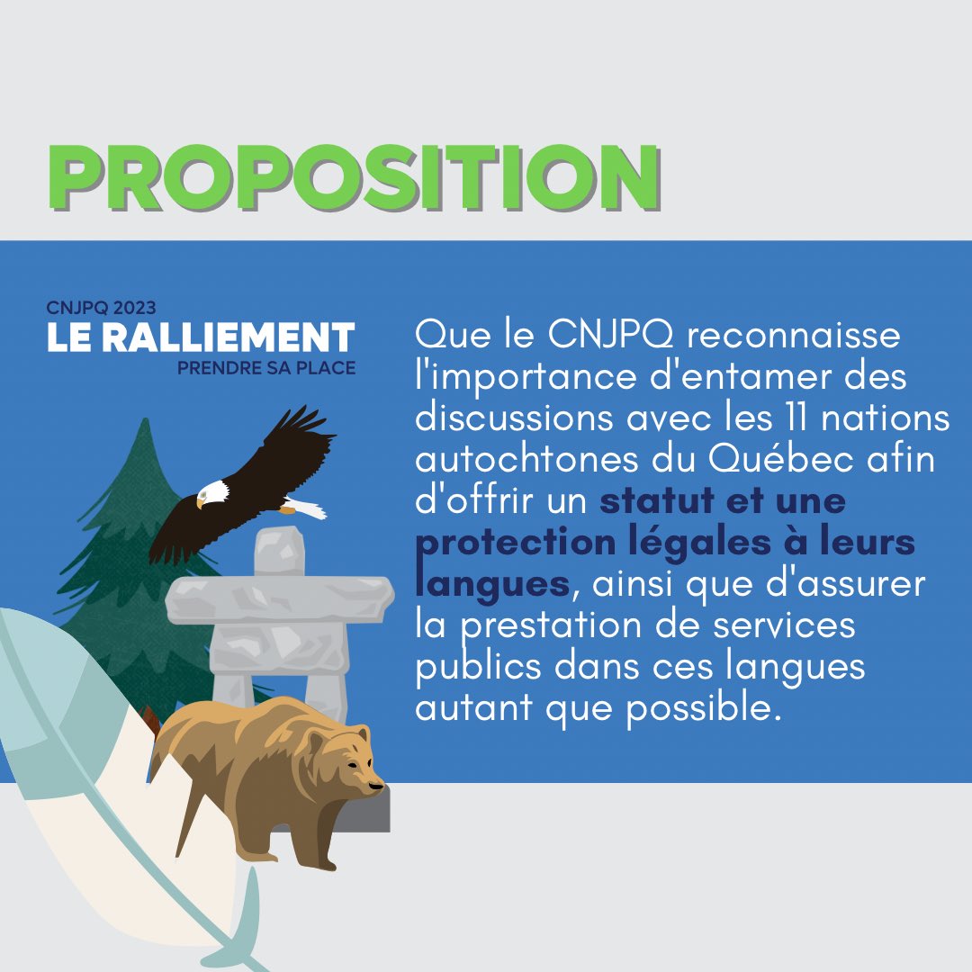 Ralliement_CNJ's tweet photo. Nous proposons que le #cnjpq reconnaisse l'importance d'entamer des discussions avec les 11 nations autochtones du Québec afin d'offrir un statut et une protection légales à leurs langues, ainsi que d'assurer la prestation de services publics dans ces langues autant que possible. https://t.co/Tl1yVWEoTG