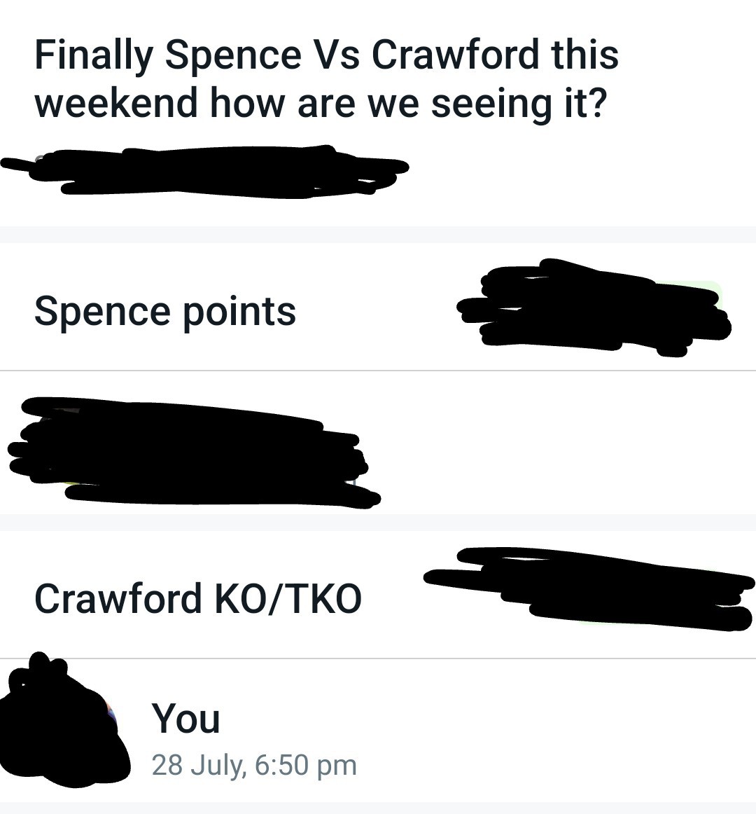 HasMan786's tweet photo. @couge0102 @SkySportsBoxing @ErrolSpenceJr Two things. 
I participated in a poll a few days back and stated Crawford would win TKO/KO. That tweet was 2 years ago people's opinions change.

2nd thing you went back to find a tweet from two years ago to response to just because I disagreed with you. You must have no life. https://t.co/syddu44GtE