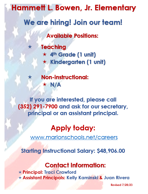 There are great teaching opportunities at Hammett L. Bowen, Jr. Elementary School! Apply now: marionschools.net/careers
<a href="/RecruitMCPS/">RecruitMCPS</a>
<a href="/MCPS_Elementary/">🍎 MCPS Elementary Education</a>
<a href="/Hammett_Bowen/">Hammett_Happenings</a>
🐻♥🍎🐾