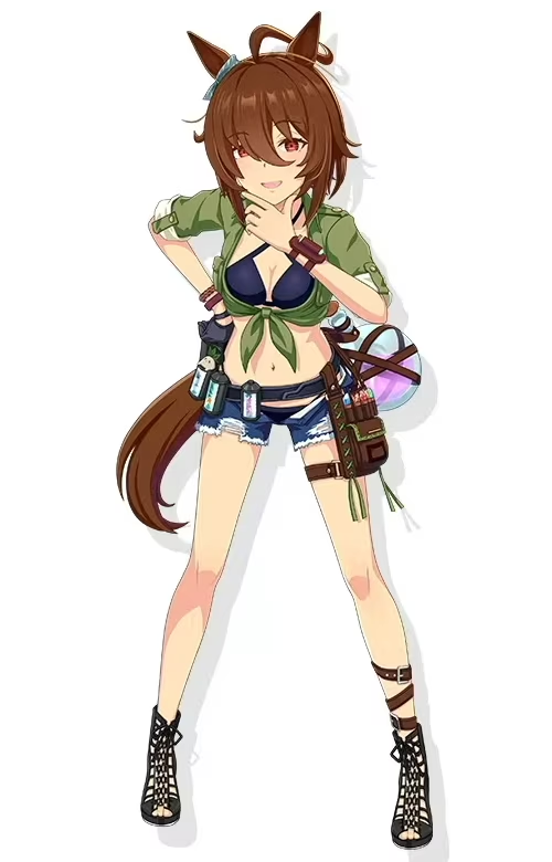 アグネスタキオン(ウマ娘) 「タキオンの水着 なんでズボンの前の部分を全開にしてるのかと思ってたけど スキルの」|おきつぐ＠新刊委託中のイラスト