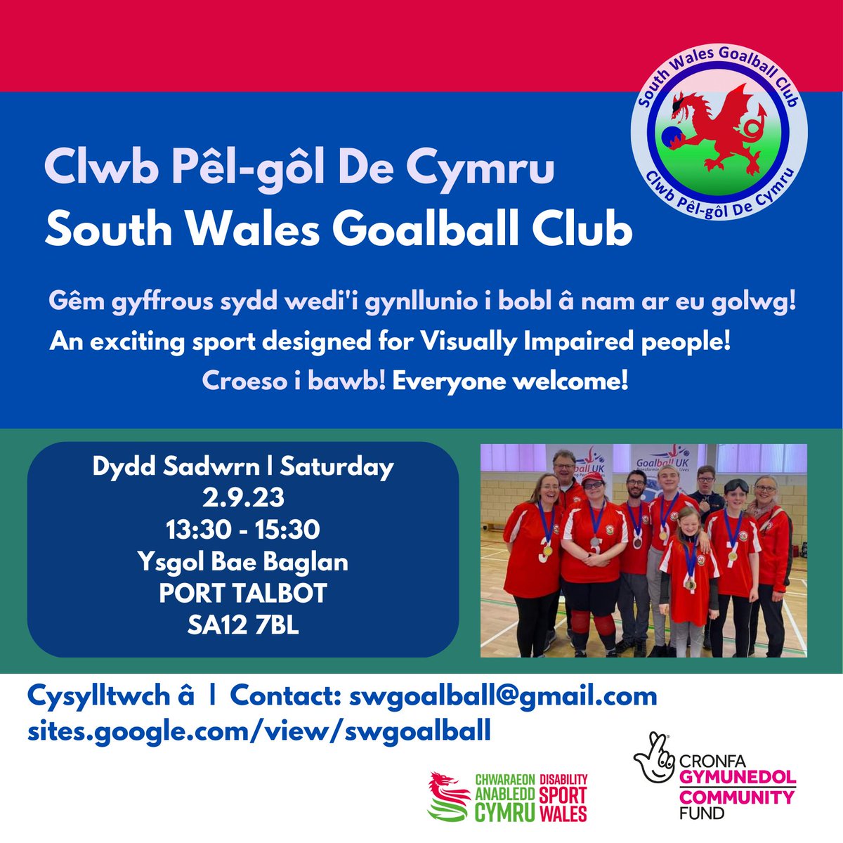 Dewch i Bort Talbot ar 2 Medi am gyfle i chwarae pêl-gôl. Croeso i bob oedran! Come to Port Talbot on 2 September for a chance to play some goalball. All ages welcome! #TeuluPêlgôl #GoalballFamily #Goalball #ParaSport #VisualImpairment #SightLoss #PortTalbot