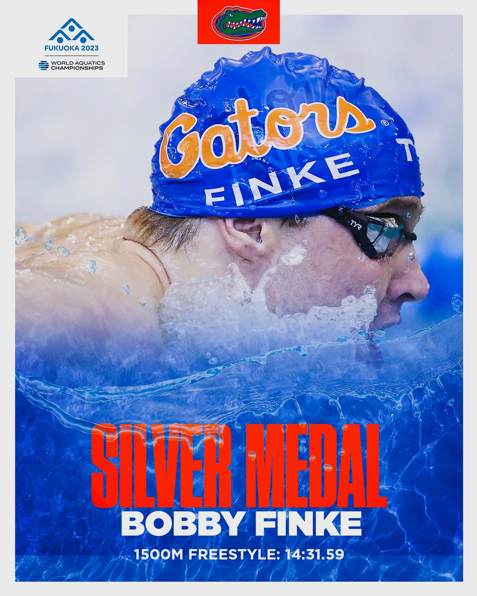 Bobby Finke does it again 🤯

𝟭𝟱𝟬𝟬𝗺 𝗙𝗿𝗲𝗲𝘀𝘁𝘆𝗹𝗲: 
- Sets a new American record, 14:31.59, beating his previous record by 5 seconds 
- Became the third-fastest swimmer of all time 
- Silver Medal🥈

#GoGators | #AQUAFukuoka23