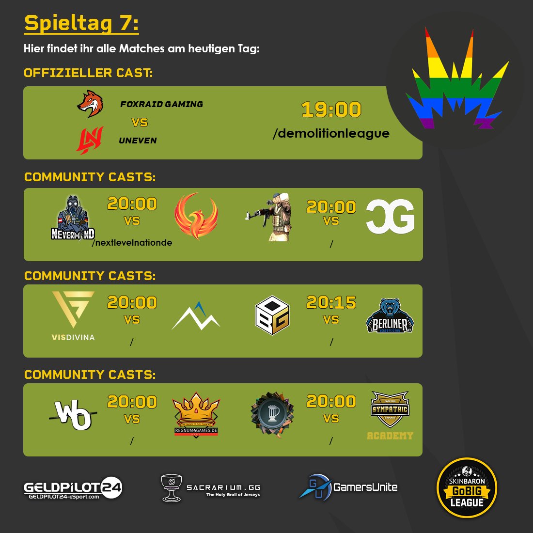 Der letzte Spieltag der regulären Saison endet mit 19 Matches. Leider mit vergleichsweise geringer Abdeckung durch Casts. 😕
Hier für euch die Übersicht:

🏆 Spielklasse 1 D
🆚 <a href="/FoXRaiDGaming/">FoXRaiD Gaming 🦊 @ GamescomLAN</a> VS <a href="/UNEVENGG/">UNEVEN</a> 
⏰ 19:00
🎙️ <a href="/IRUTAS_/">IRUTAS</a> &amp; <a href="/xFaJa1337/">Fadil A.</a> 
📺 twitch.tv/demolitionleag…

🏆