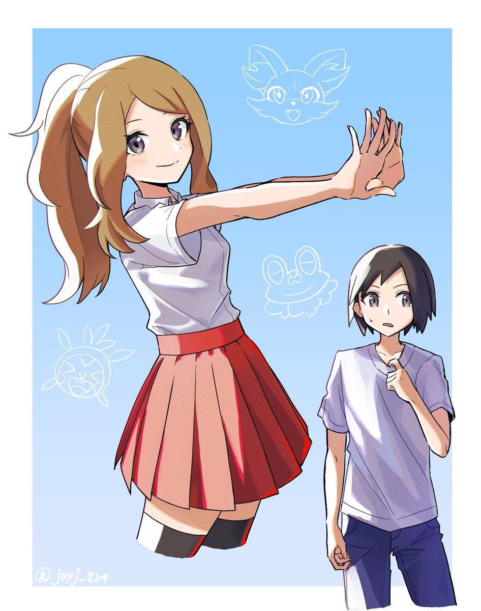 calem (pokemon) ,serena (pokemon) 1girl 1boy skirt shirt short sleeves red skirt white shirt  illustration images