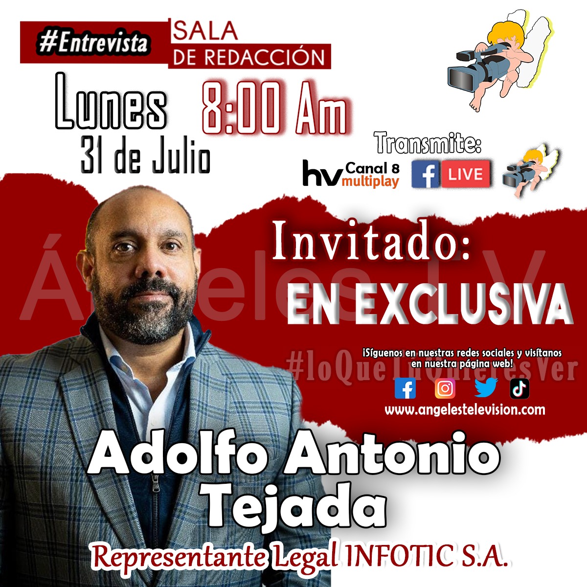 angelestelev's tweet photo. #Exclusivo 🔍 Este lunes a las 8:00 de la mañana en exclusiva y en directo habla con Angeles Tv Adolfo Antonio Tejada representante de #Infotic S.A. , la empresa que firmó un convenio con la Alcaldía de Ibagué para el recaudo del Transmusical. ¿Qué quieres que preguntemos? 🔍 https://t.co/jvZ1Y2JvhQ
