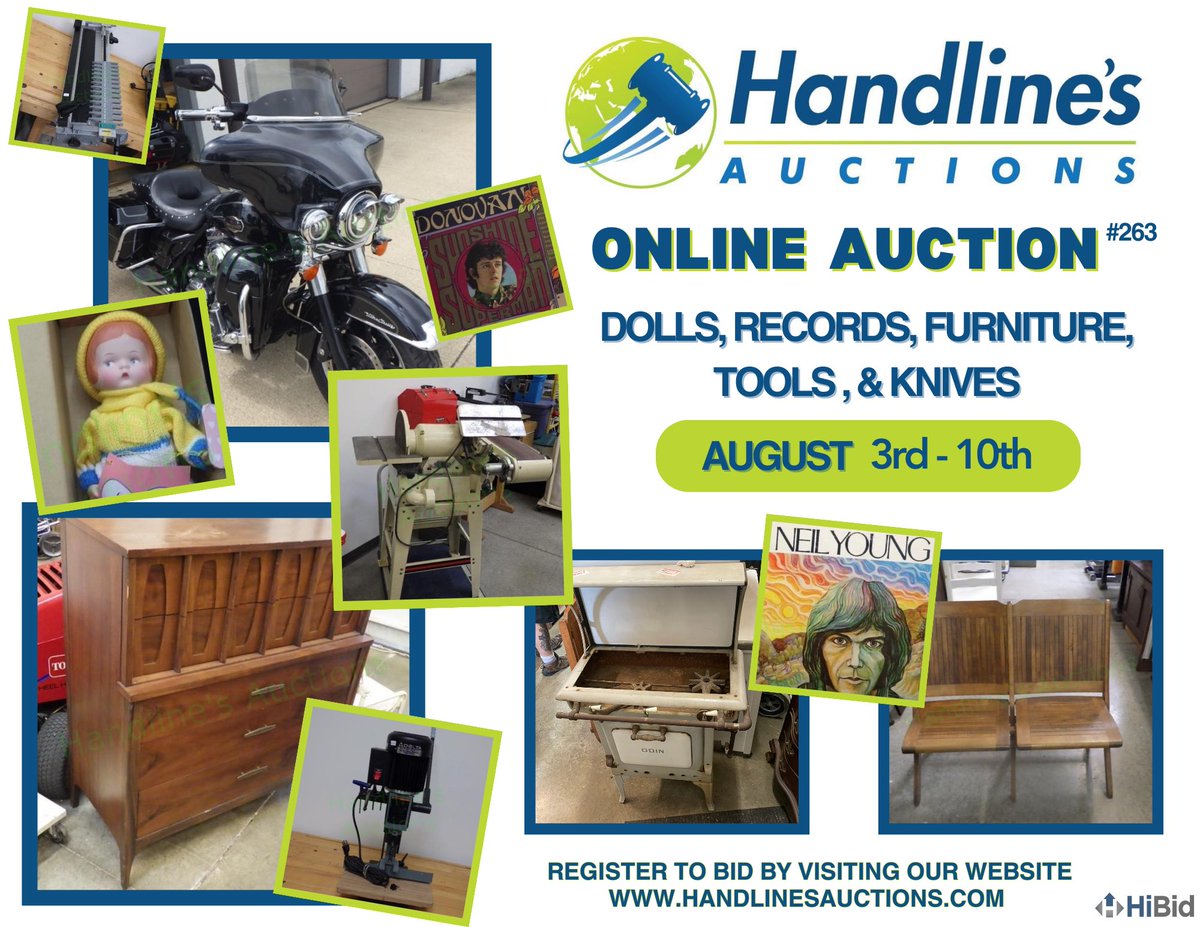 HandlineAuction's tweet image. Online Auction #263 
Dolls, Records, Furniture, Tools, &amp;amp; Knives

❗️Starts August 3rd❗️

VIST OUR WEBSITE TO GET REGISTERED TO BID AND LEARN ALL THE DETAILS 👇
handlinesauctions.hibid.com

#estatesale #auction #auctionhouse #auctions #auctioneer #onlineauctions #onlineauction
