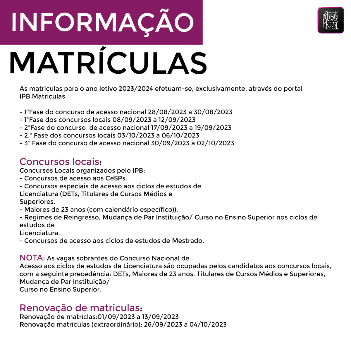 Informação das matrículas para o ano letivo 2023/2024 no IPB