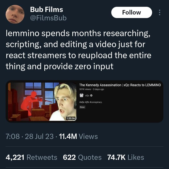 Cynical_CJ's tweet photo. I can't believe we have to have this conversation again, but if you make money off reuploading or rebroadcasting someone else's content without permission, compensation or credit, with minimal to no substantive commentary, you're a scumbag. https://t.co/VDSbs3pYlU