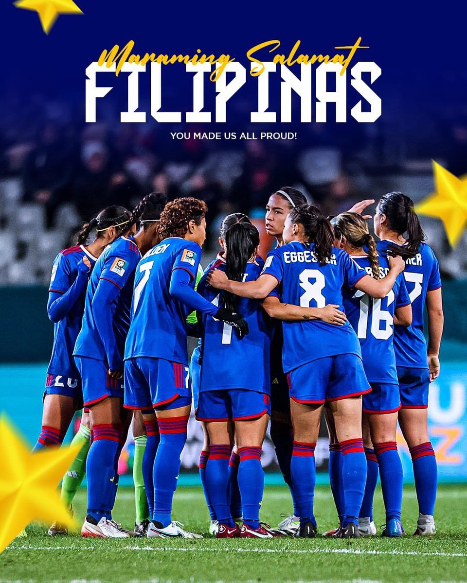 philfootball's tweet photo. 𝐌𝐀𝐑𝐀𝐌𝐈𝐍𝐆 𝐒𝐀𝐋𝐀𝐌𝐀𝐓 𝐀𝐓 𝐌𝐀𝐁𝐔𝐇𝐀𝐘, 𝐅𝐈𝐋𝐈𝐏𝐈𝐍𝐀𝐒!🇵🇭

Your journey was magical! Thank you for bringing the Philippine Flag on the FIFA Women's World Cup stage! This is just the beginning. 

Maraming salamat, Filipinas! 👏

#LabanFilipinas https://t.co/boroe2vnNf