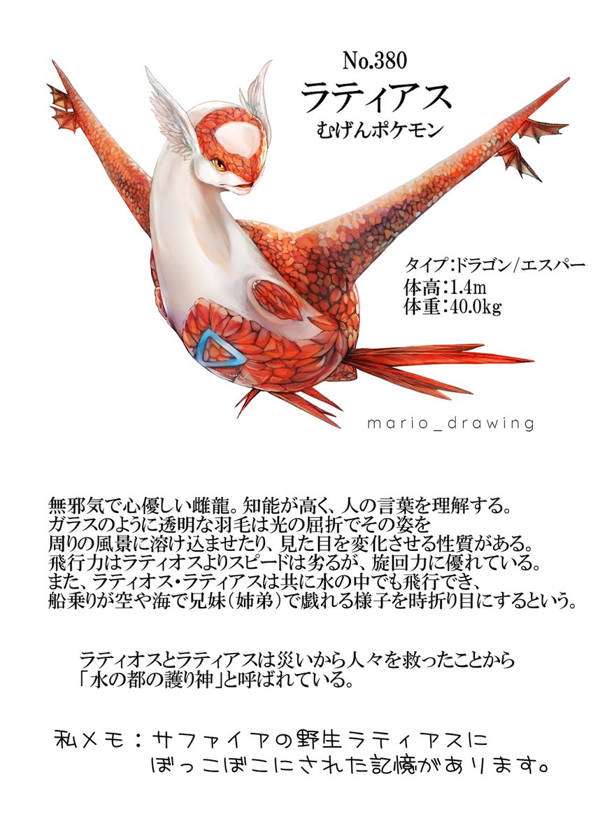 ポケモン「夏だし涼しい絵どうぞ。 ラティ兄妹です。ウチらの世界にもいるんやで理論の上で図鑑」|まりお/Mario illust,mangaのイラスト