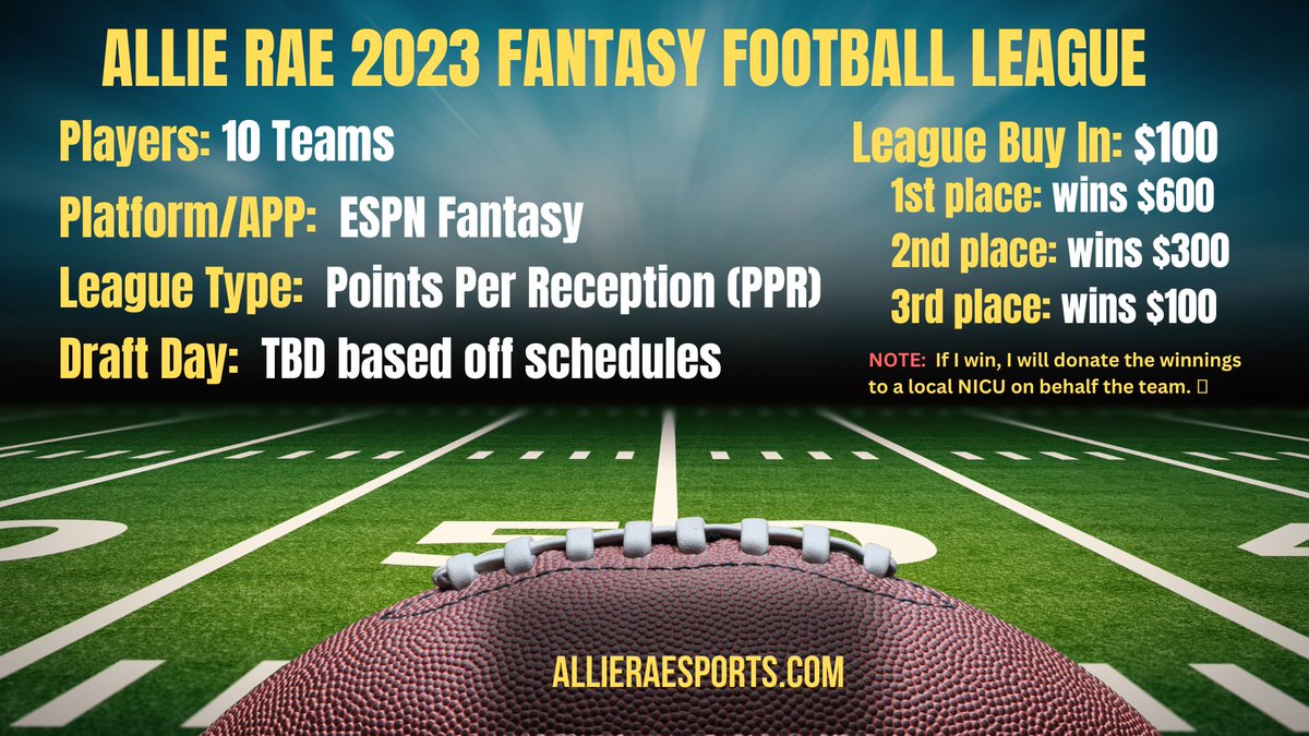 AllieRaeSports's tweet photo. Running a Fantasy League this year with my community! DM me if you want to play!!! 🏈 @MrsAllieRae https://t.co/0qThBvnk0w