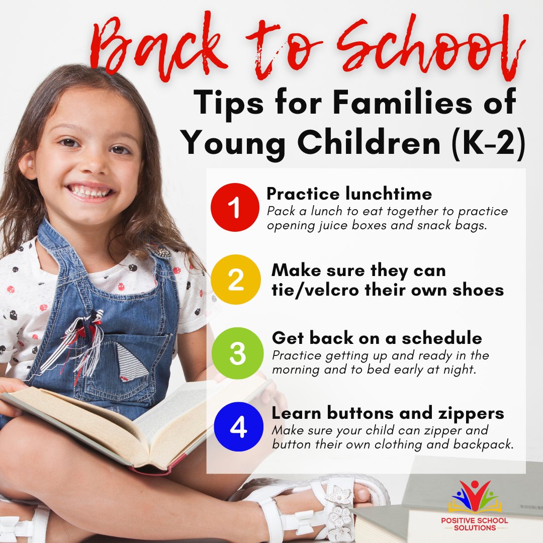 Positive4School's tweet image. Here are 4 helpful hints for families of K-2 students to prepare them for #Backtoschool2023. Share this graphic and encourage families to start practicing at home now so students are ready for a great 2023 - 2024 school year!
#settingthetone #learningenvironment #herewego #school