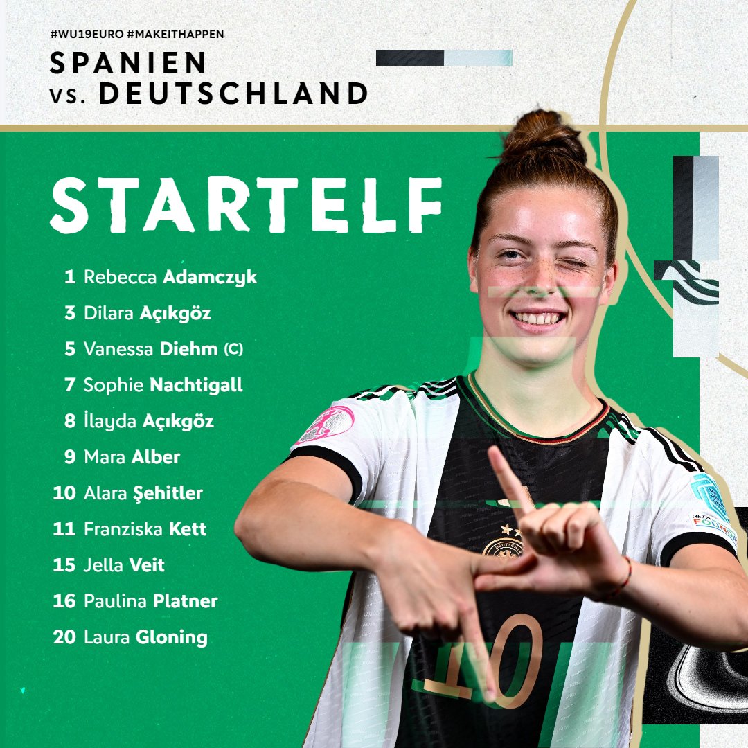 DFB_Frauen's tweet photo. Start-1️⃣1️⃣!
So geht unsere #U19 ins EM-Finale gegen 🇪🇸

Ab 17:30 Uhr live auf Sport1 und DAZN 😍

HOLT EUCH DAS DING, MÄDELS! 💪

#NichtOhneMeineMädels #WU19EURO #ESPGER #makeithappen | 📸 UEFA/Getty Images https://t.co/1Or7qKTQ56