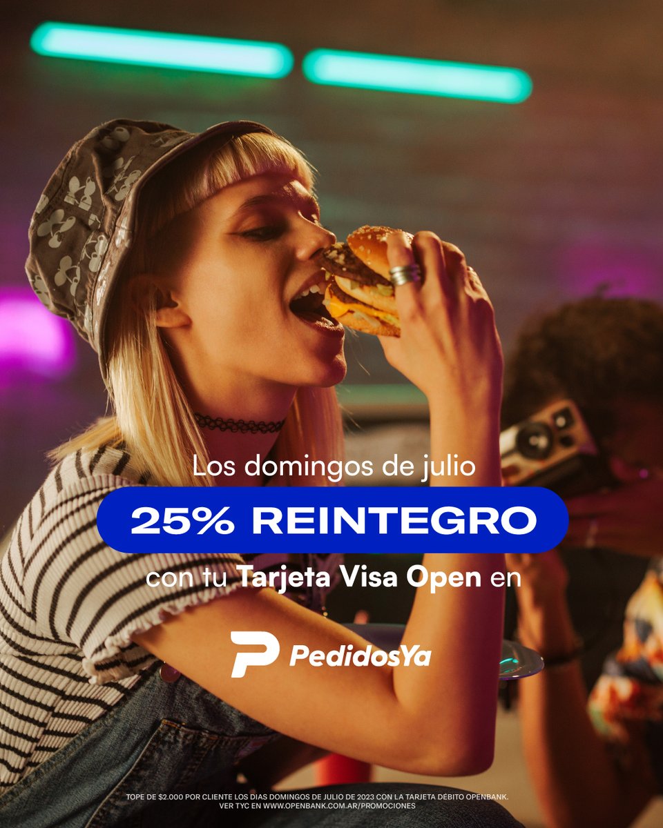 openbank_ar's tweet photo. Último domingo de julio, seguís teniendo un 25% de reintegro pagando con tu tarjeta Open VISA en PedidosYa, dentro de la categoría “Restaurante”. Tope a $2.000. 😉 ¿Qué te vas a pedir?

Aplican TyC. #WeAreOpen #Vivila #OpenbankArgentina https://t.co/zlULC77sMQ