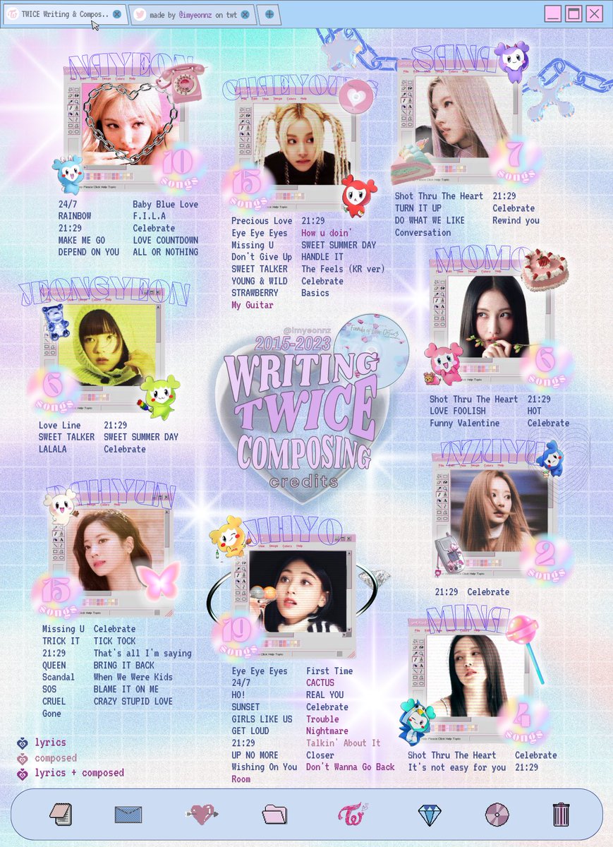 imyeonnz's tweet photo. #TWICE writing &amp; composing credits (2015-2023) @JYPETWICE 🤍 https://t.co/LWU7xsgsiO