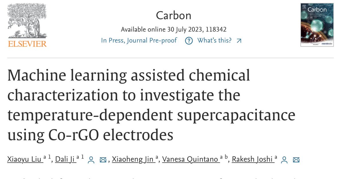 doi.org/10.1016/j.carb… Published in Carbon: Combined #machinelearning (ML) with experimentally observed X-ray photoelectron spectroscopy (XPS) data to construct the complete chemical analysis dataset for graphene-based supercapacitors