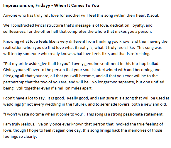 Impressions on; Fridayy - When It Comes To You
#fridayy #hiphopballad #hiphopballads #HipHopMusic #goodmusic #hiphop #summermusic #music #ontopofthegame @fridayy #weddingsong #wedding #LOVESONG #Dedication #weddingsongs