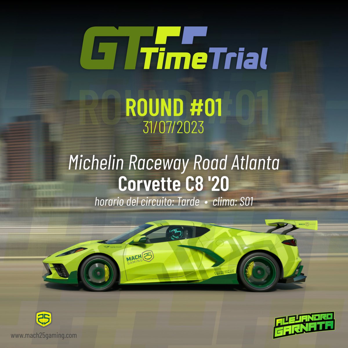 ⏱️| 𝗚𝗧 𝗧𝗜𝗠𝗘 𝗧𝗥𝗜𝗔𝗟 | #GT7 

⏱️Round #1
📆 19:00 | 31/07/2023
📺Twitch Alejandro Garnata

+90 pilotos saldrán a marcar el mejor crono en Road Atlanta con el Corvette C8 ´20.

👾<a href="/Mach25Gaming/">Mach25 Gaming</a> 
🖼️<a href="/DavidMarPe/">David Martínez</a>