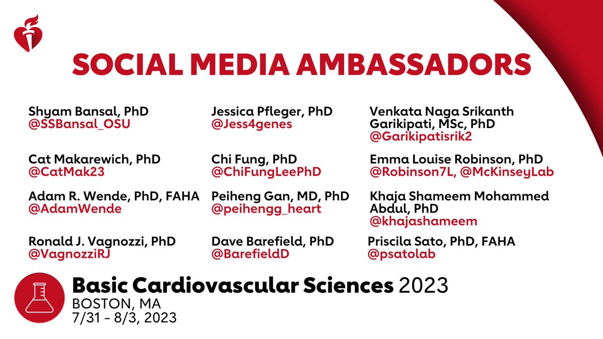 📣 The official #BCVS23 social media ambassadors:  

@SSBansal_OSU 
@CatMak23 
@AdamWende 
@Garikipatisrik2 
@VagnozziRJ 
@Robinson7L @McKinseyLab 
@Jess4genes 
@khajashameem 
@ChiFungLeePhD 
@peihengg_heart 
@BarefieldD 
@psatolab