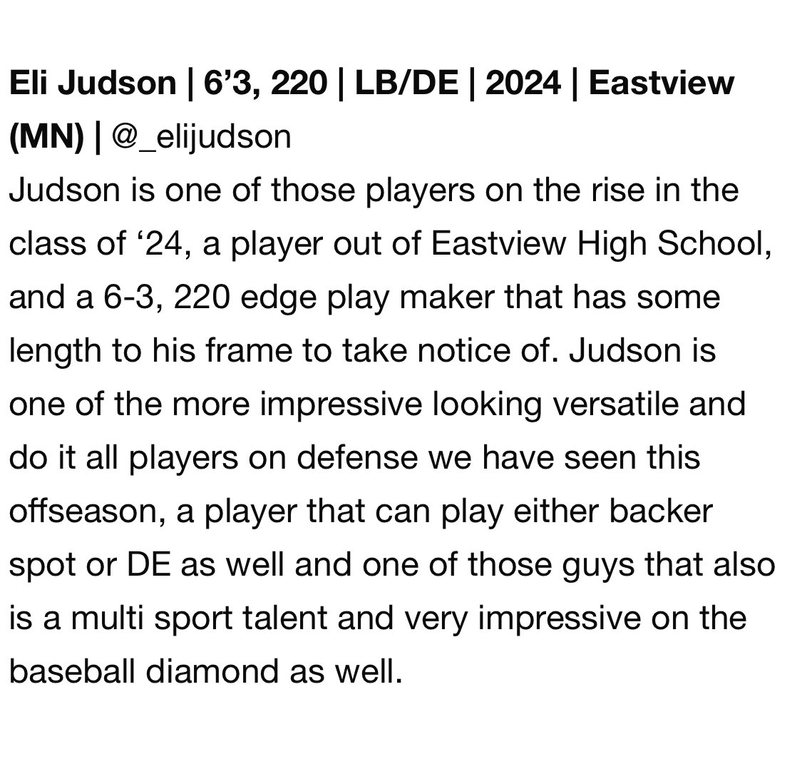 Thank you <a href="/6starfootballMO/">Six Star Football | MISSOURI</a> for the write up about my performance at the recent Valparaiso University Football Camp.  I had a great time and learned a lot.  Looking forward to the upcoming season! <a href="/1Eastview1/">Eastview Football Recruiting</a> <a href="/EV_Football/">Eastview Football</a> <a href="/valpoufootball/">Valpo Football</a> @CoachVanAsperen <a href="/CoachLFox/">Landon Fox</a>
