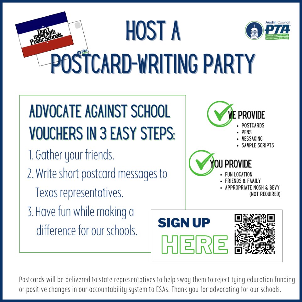You can help us advocate for teachers and schools by hosting a postcard-writing party. We'll provide postcards, sample messaging and instructions. You provide postcard writers. 

Learn more and sign up here: forms.gle/kdnx8mP95gLvkL…

#txlege #txteachers