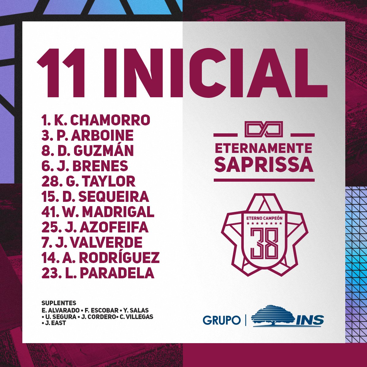 1️⃣1️⃣ El once del Deportivo Saprissa esta tarde 😈

👉🏻 <a href="/grupo_ins/">Grupo INS</a>