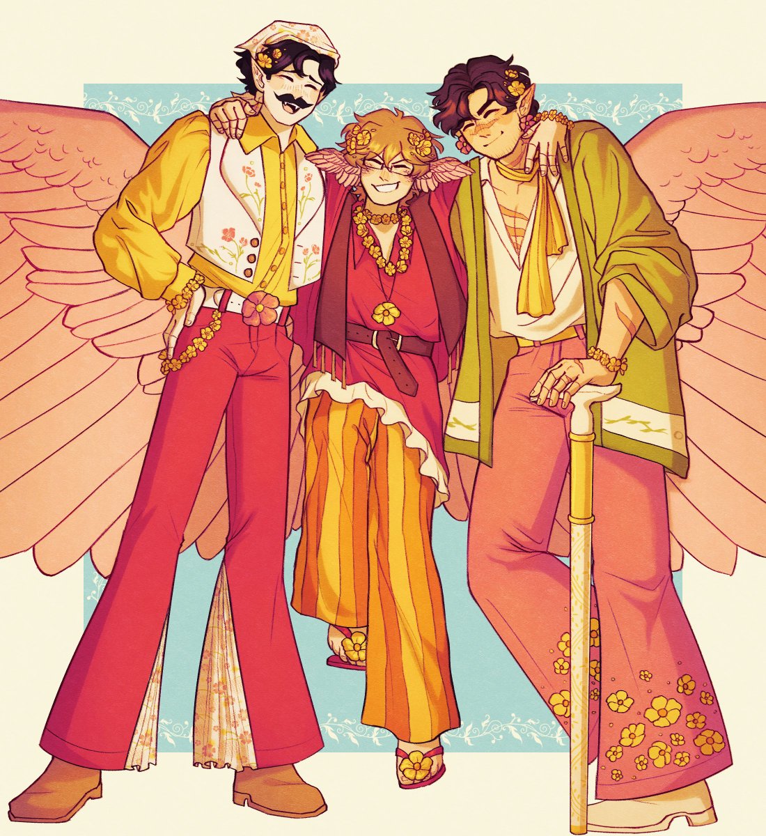 3boys multiple boys wings red pants male focus arm around shoulder smile  illustration images